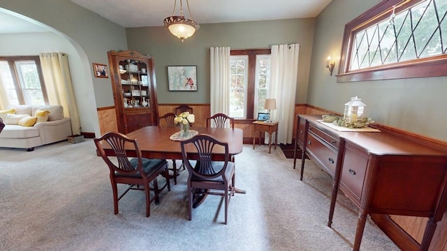528 Maplewood St, Willard, OH 44890 - carpeted dining space with wainscoting, plenty of natural light, arched walkways, and wooden walls