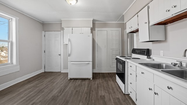 kitchen featuring white cabinetry, sink, dark wood-type flooring, white appliances, and ornamental molding