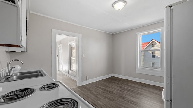 kitchen with stove, crown molding, sink, white fridge, and wood-type flooring