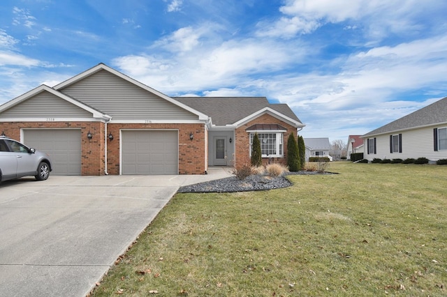 single story home with a front lawn, brick siding, a garage, and driveway