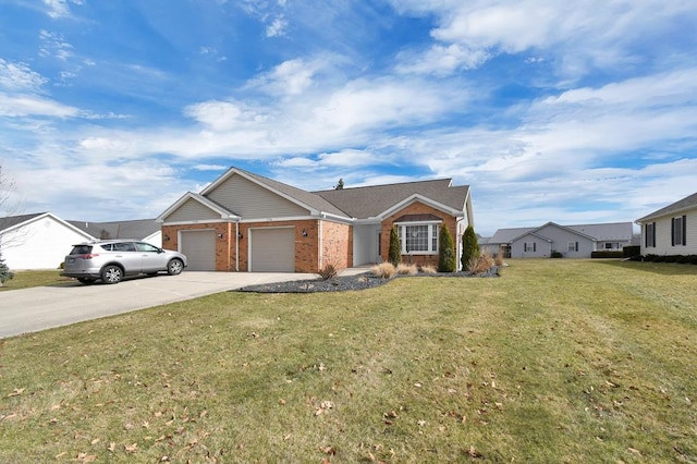 ranch-style home featuring a front lawn, brick siding, an attached garage, and concrete driveway