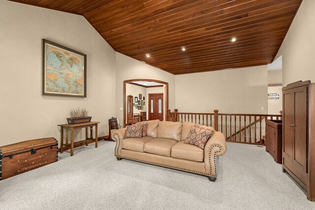 640 Running Brook Way, Mansfield, OH 44903 - carpeted living room featuring wooden ceiling, lofted ceiling, arched walkways, baseboards, and recessed lighting