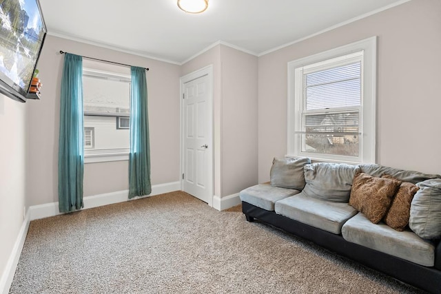 living area with baseboards, ornamental molding, and carpet flooring
