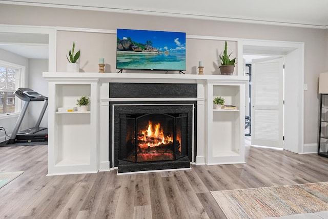 details with a warm lit fireplace, baseboards, and wood finished floors