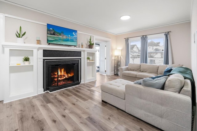 living room featuring a lit fireplace and wood finished floors