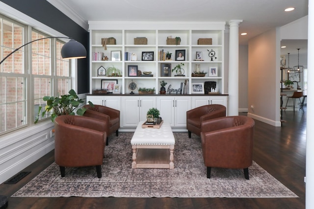 122 Woodside Blvd, Lexington, OH 44904 - sitting room featuring wood finished floors, baseboards, ornate columns, and recessed lighting