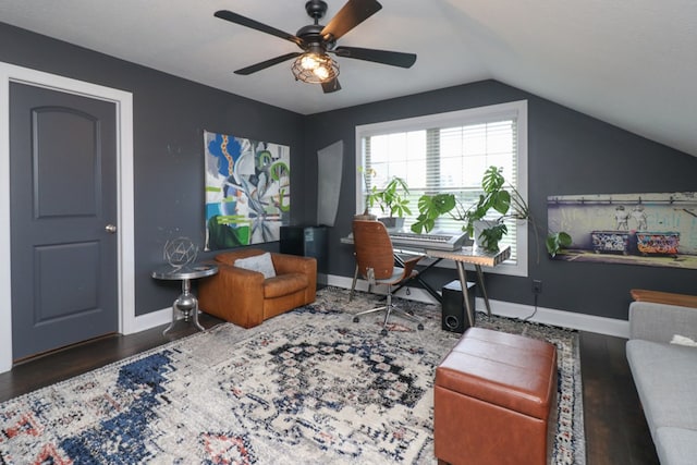 122 Woodside Blvd, Lexington, OH 44904 - office area with lofted ceiling, wood finished floors, ceiling fan, and baseboards