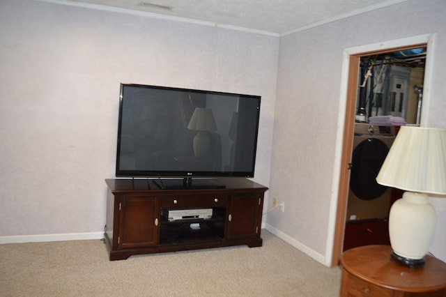 interior details with carpet floors, crown molding, and washer / clothes dryer