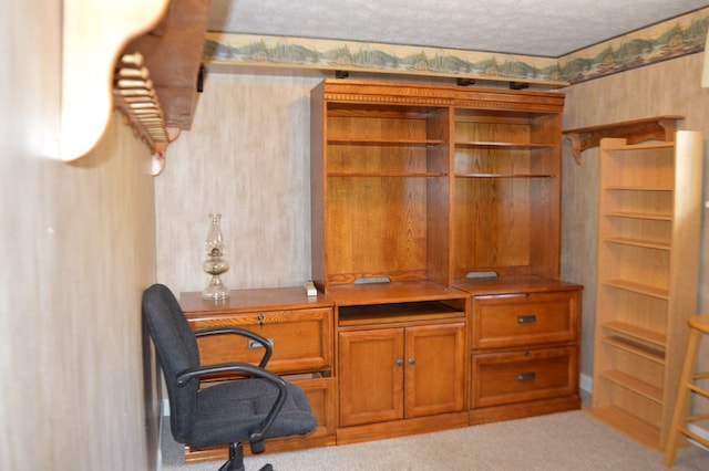 carpeted office space featuring a textured ceiling