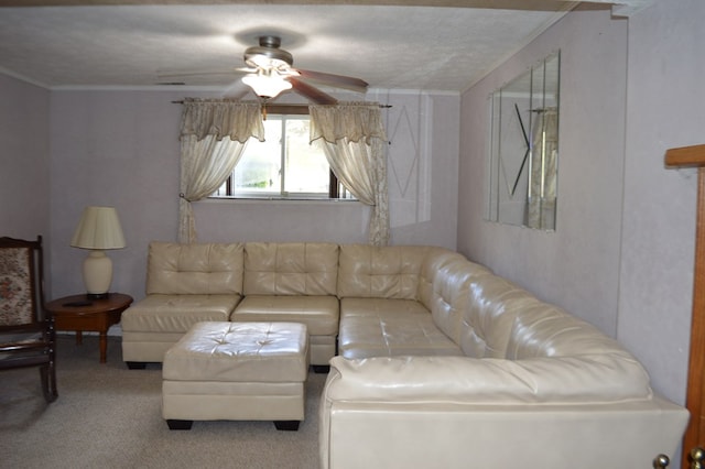 carpeted living room with a textured ceiling, ceiling fan, and crown molding