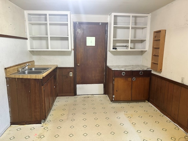 318 S Washington St, Galion, OH 44833 - kitchen with a sink, open shelves, a wainscoted wall, light flooring, and light countertops