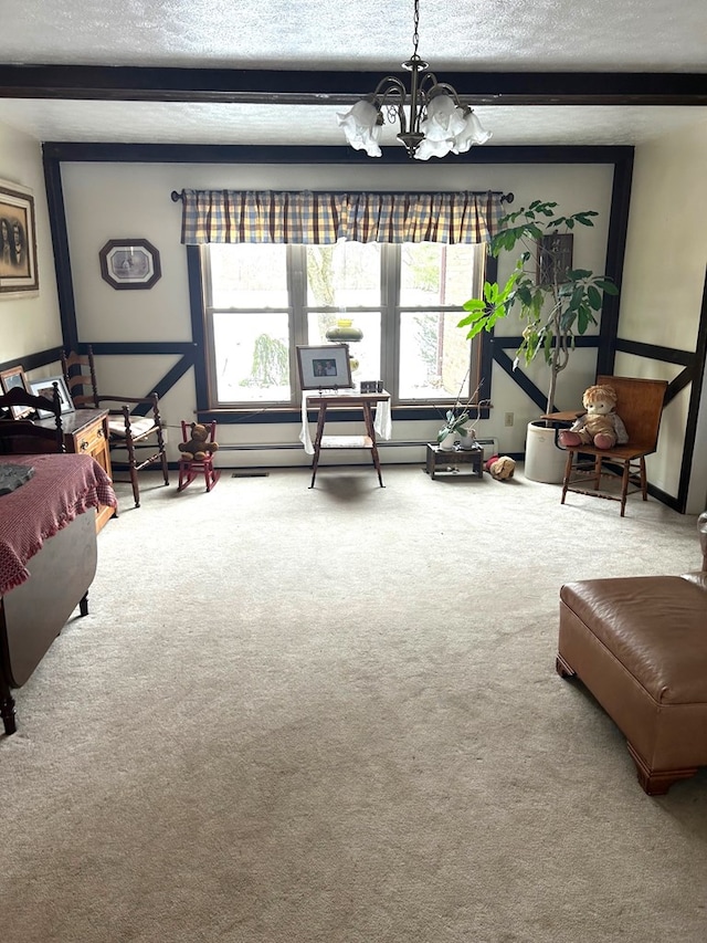 living room with beam ceiling, a notable chandelier, a textured ceiling, and carpet flooring