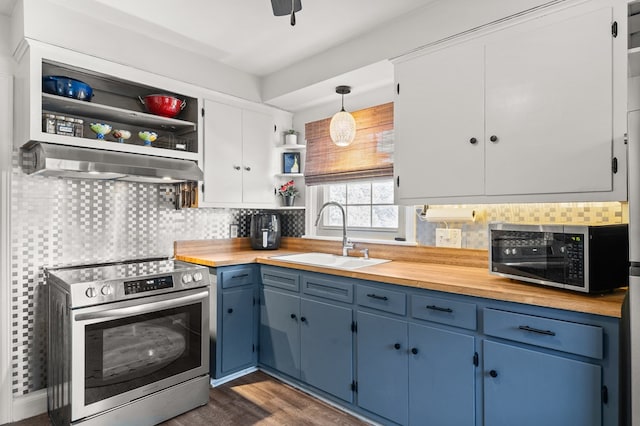 kitchen featuring white cabinetry, stainless steel appliances, sink, hanging light fixtures, and blue cabinetry