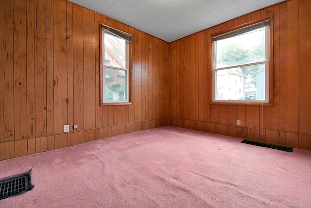 carpeted empty room featuring wood walls