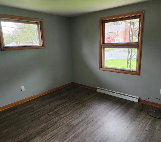 empty room featuring dark hardwood / wood-style floors and a baseboard radiator