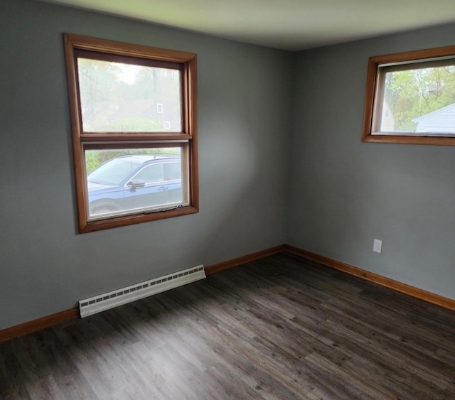 empty room with dark hardwood / wood-style flooring and a baseboard radiator