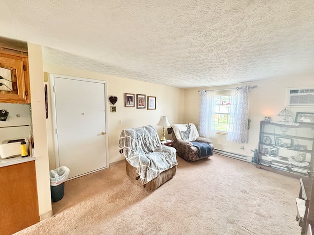 sitting room with baseboard heating, a wall mounted air conditioner, carpet, and a textured ceiling