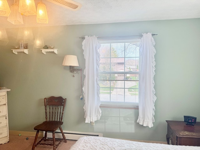 bedroom featuring a baseboard radiator, carpet flooring, baseboards, and multiple windows