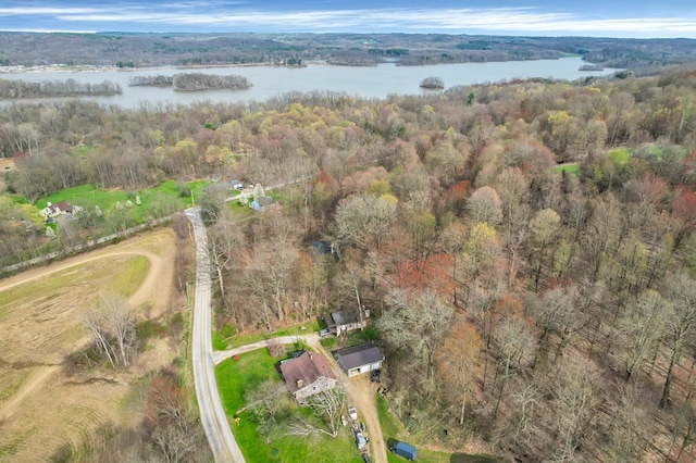 drone / aerial view with a wooded view and a water view
