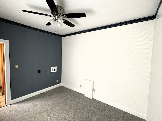 5655 Lime Rd, Galion, OH 44833 - empty room featuring a ceiling fan, dark carpet, and crown molding