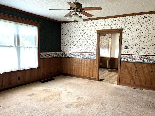 5655 Lime Rd, Galion, OH 44833 - carpeted spare room featuring wainscoting, ceiling fan, wallpapered walls, ornamental molding, and wood walls