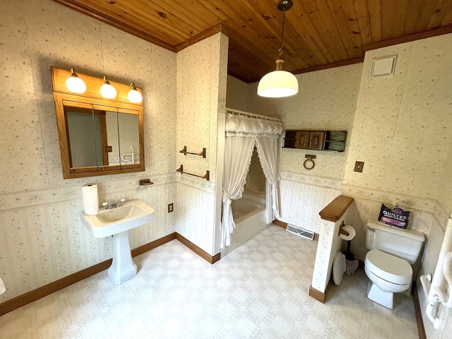 5655 Lime Rd, Galion, OH 44833 - bathroom with wallpapered walls, wooden ceiling, tile patterned floors, crown molding, and shower / bathtub combination with curtain