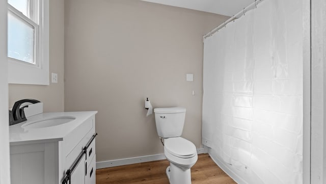 bathroom featuring hardwood / wood-style flooring, vanity, and toilet