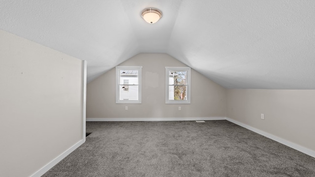 additional living space featuring carpet flooring, a textured ceiling, and vaulted ceiling