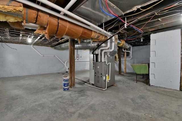 basement featuring heating unit