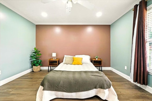 1645 Spring Village Ln, Mansfield, OH 44906 - bedroom featuring ornamental molding, wood finished floors, recessed lighting, and a ceiling fan