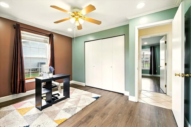 1645 Spring Village Ln, Mansfield, OH 44906 - office area featuring ceiling fan, wood finished floors, crown molding, and recessed lighting