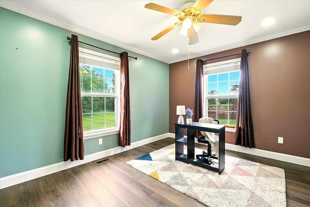 1645 Spring Village Ln, Mansfield, OH 44906 - home office featuring plenty of natural light, ornamental molding, dark wood finished floors, ceiling fan, and recessed lighting
