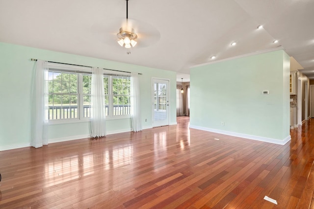 4299 County Road 20, Mount Gilead, OH 43338 - unfurnished living room with ceiling fan, wood-type flooring, recessed lighting, and ornamental molding