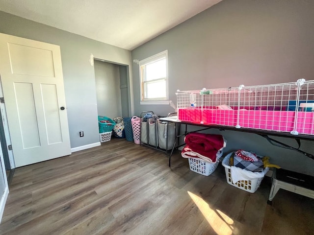 bedroom featuring wood finished floors, a closet, and baseboards