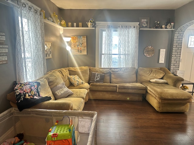 living room featuring dark hardwood / wood-style flooring