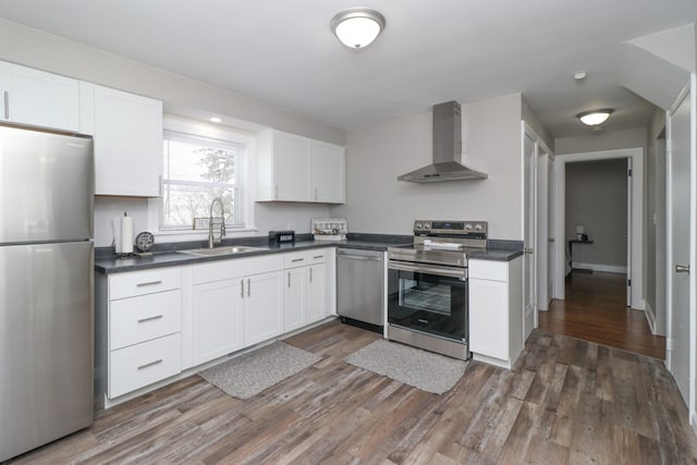 kitchen with white cabinetry, sink, wall chimney exhaust hood, and appliances with stainless steel finishes