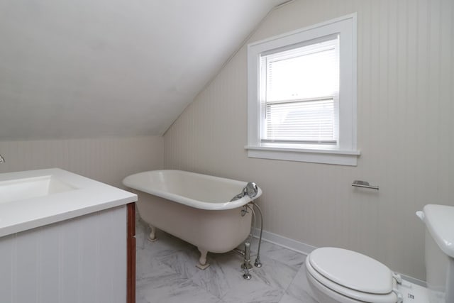 full bath featuring lofted ceiling, toilet, and marble finish floor