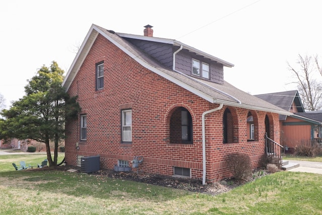 view of property exterior with central AC unit, a lawn, and a chimney