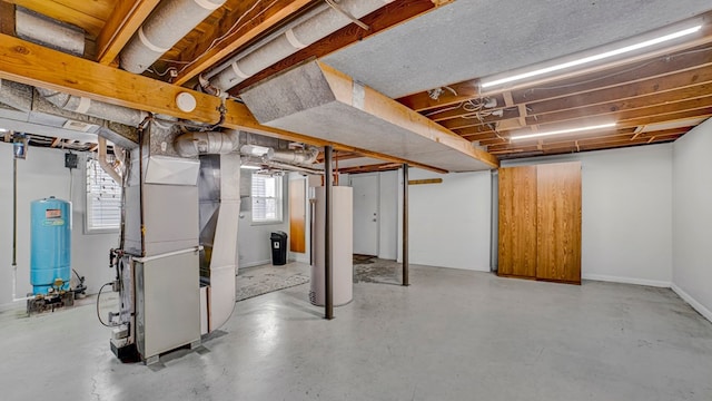 basement with water heater and heating unit