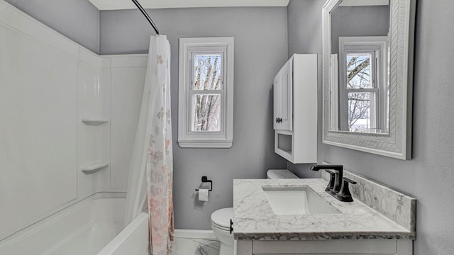 full bathroom featuring toilet, vanity, a wealth of natural light, and shower / bath combination with curtain