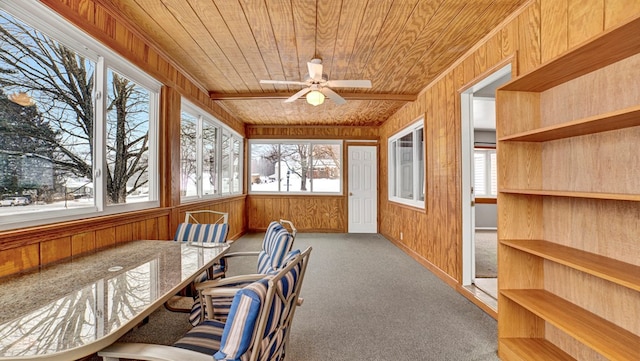 sunroom / solarium featuring ceiling fan and wood ceiling