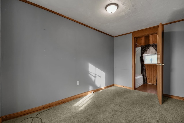 unfurnished bedroom with carpet floors, a textured ceiling, and ornamental molding