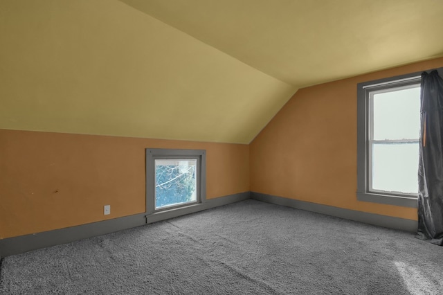 additional living space with carpet flooring, lofted ceiling, and a healthy amount of sunlight