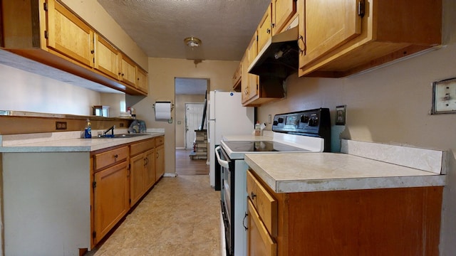 452 Daisy St, Mansfield, OH 44903 - kitchen featuring electric range oven, under cabinet range hood, light floors, a sink, and light countertops