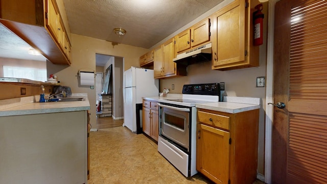 452 Daisy St, Mansfield, OH 44903 - kitchen with under cabinet range hood, white appliances, light floors, light countertops, and a sink