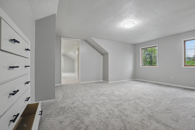 additional living space with baseboards, carpet flooring, a textured ceiling, and lofted ceiling