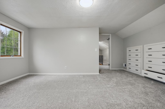 additional living space featuring carpet floors, baseboards, a textured ceiling, and lofted ceiling