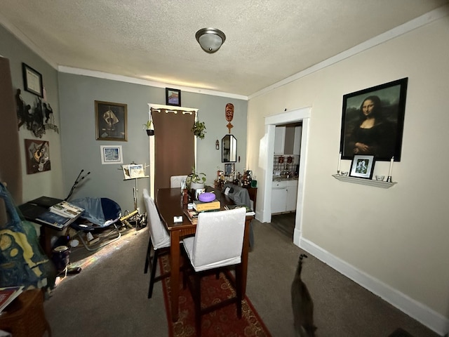 carpeted dining area with crown molding, a textured ceiling, and baseboards
