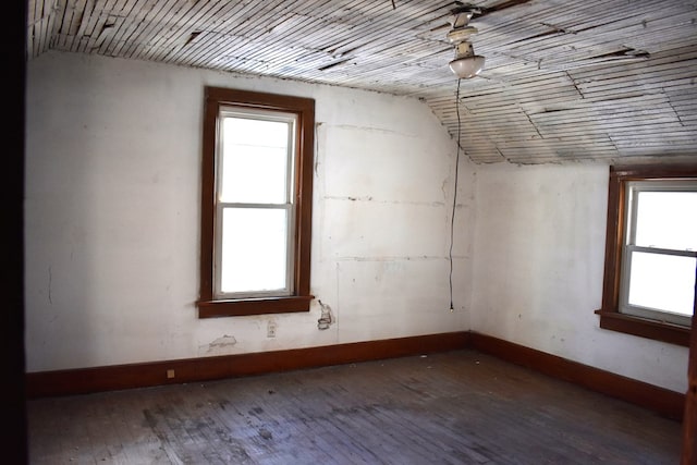 empty room with hardwood / wood-style floors and lofted ceiling