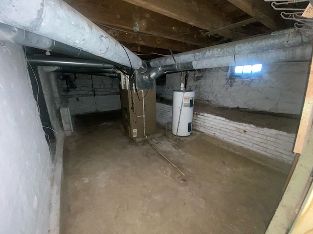 basement with heating unit and water heater